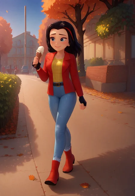 score_9, score_8_up, score_7_up, source_anime, Expressiveh, solo, looking away, blush, vicky_legofriends, black hair, streaked hair, jeans, fingerless gloves, red jacket, yellow shirt, boots, belt, smile, closeup, cinematic, falling leaves, dusk, park, holding an Ice cream, dynamic angle, walking,perfection