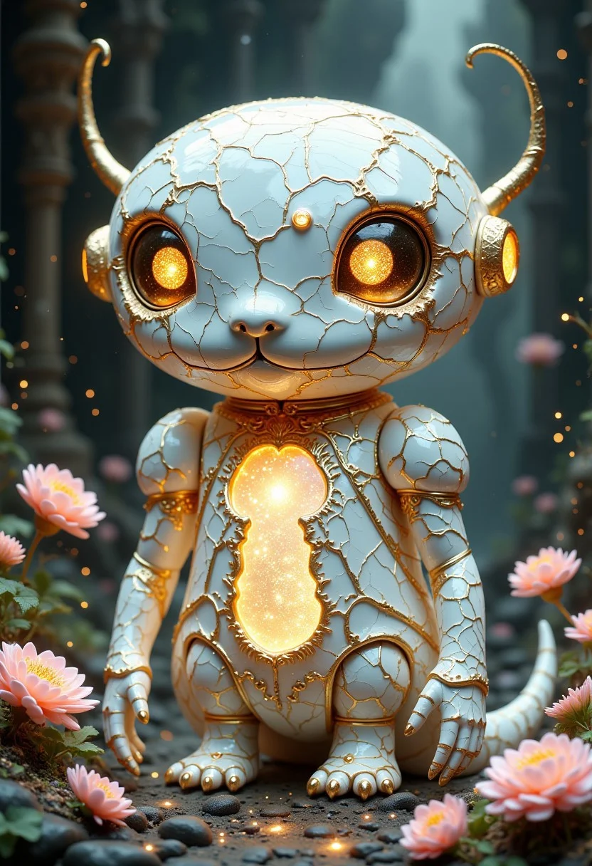 golden cracks on white, professional photography of an fantastical cute robot with whimsical elements, flowers and swirling magic, eerie fairytale landscape, elaborate fantasy style art, very colorful, intricate details, ultra sharp, exquisite detail, flawless composition, vivid colors, masterpiece, exciting background,