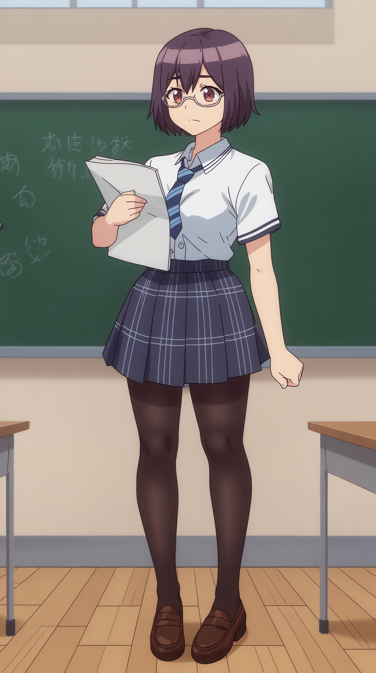 score_9, score_8_up, score_7_up,anime_source, source_anime, best background, detailed background, anime screencap, 4k, upscale,  Akari Himeno, Main Outfit, solo, holding, closed mouth, solo focus, clenched hand, paper, holding paper, thicc body, full body, classroom, indoors,  <lora:JN_Akari_Himeno_Pony:0.8>