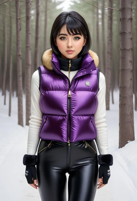 ((((puffer padded vest)))), ((((puffer padded vest)))), ((((full body)))), ((((fur boots)))), ((((puffer pants)))), winter, snow, forest, 1girl, solo, (masterpiece), detailed face, detailed eyes, (beautiful detailed eyes:1.5), sidelighting, (super detail, hyper detail, intricate_details, detailed), (semi realistic:1.6), (Bob cut), blunt bangs,(black hair), (purple eyes, eyelashs), smug smile, angry face, golden armlets, padded collar, Thick padded collar, <lora:Collar-SDXL:0.6>, <lora:cropped_puffer_vest_v2:0.4>, <lora:snowpants_v1:0.4>