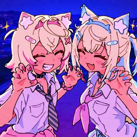 masterpiece, best quality, good quality, very awa, firedotinc, 2girls, multiple girls, fuwawa abyssgard, mococo abyssgard, hololive, virtual youtuber, sisters, fuwawa abyssgard (1st costume), mococo abyssgard (1st costume), alternate costume, gyaru, kogal, school uniform, decora, clothes around waist, jewelry, fake nails, multicolored nails, claw pose, sparkle, smile, ^ ^, light blush, portrait, scenery, pastel colors, heisei retro, yume kawaii, <lora:ai_styles_collection_noob_vpred-1.0-v4.02:1>