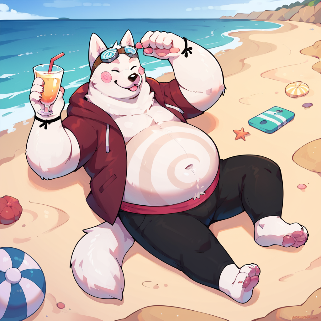 score_9, score_8_up, score_7_up, score_6_up, score_5_up, score_4_up, cori, dog, chubby, fat, hoodie, goggles, pink cheeks, white fur, outside, beach background, beach scenery, water, relaxing, laying down, looking at viewer, sunglasses, barefoot,<lora:Cori_Breeze_In_The_Clouds_PonyXL:0.80> cori