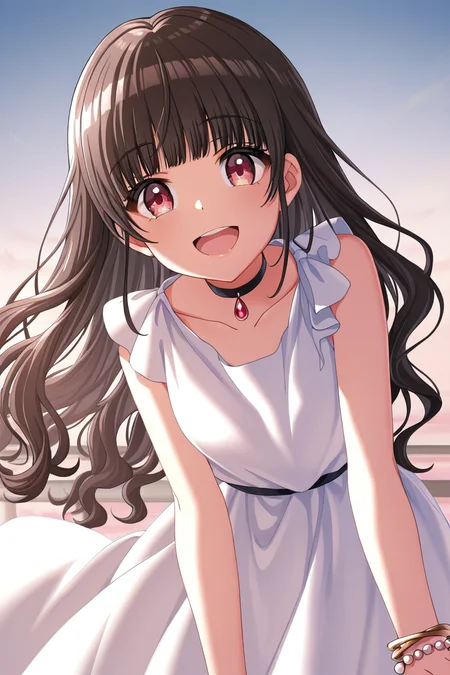 masterpiece, best quality, amazing quality,
<lora:Michiru_IL:1> michiru, 1girl, dress, long hair, solo, smile, white dress, jewelry, looking at viewer, bangs, open mouth, sleeveless, bracelet, black hair, red eyes, choker, sleeveless dress, collarbone, brown hair, wavy hair, sky