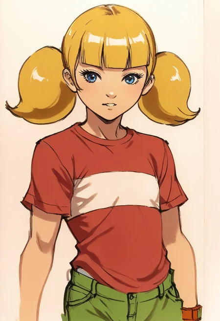score_9, score_8_up, score_7_up, solo, cowboy shot, 1girl, female focus, 2D, penny \(inspector gadget\), solo,blonde hair, twintails, blunt bangs, blue eyes, flat chest, red shirt, red shirt, striped shirt, stripe, white stripe, green pants, wristwatch, upper body, sketch, yoji_shinkawa, Traditional media