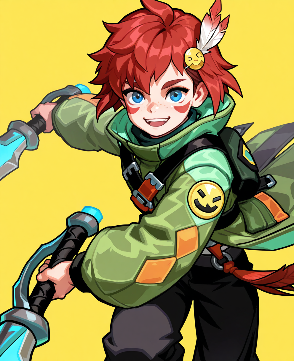 <lora:smashlegends:1> smashlegends,
(masterpiece), (best quality), (ultra-detailed), amazing quality, very aesthetic, illustration, perfect composition, intricate details, absurdres, incredibly absurdres, shiny skin, realistic,
 smashlegends, 1boy, male focus, blue eyes, yellow background, solo, red hair, feathers, simple background, open mouth, jacket, freckles, weapon, , smile, hair ornament,  weapon, facial mark, looking at viewer, green jacket, short hair, pants, black pants, general