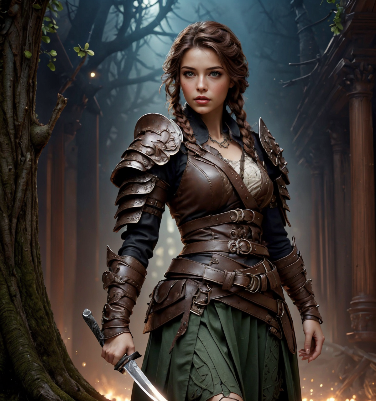 RAW photo, (masterpiece:1.3), subsurface scattering, heavy shadow, (high quality:1.4), (intricate, high detail:1.2), professional photography, HDR, High Dynamic Range, realistic, ultra realistic, photorealistic, high resolution, film photography, ambient lighting, atmospheric effects, <lora:detail_slider_v4:2>, OverallDetail, <lora:FantasyRogues:0.85>, 1girl, armor, belt, brown eyes, brown hair, fanrog, green skirt, holding knife, leather, lips, shoulder armor, single braid, solo, standing, tree, white shirt