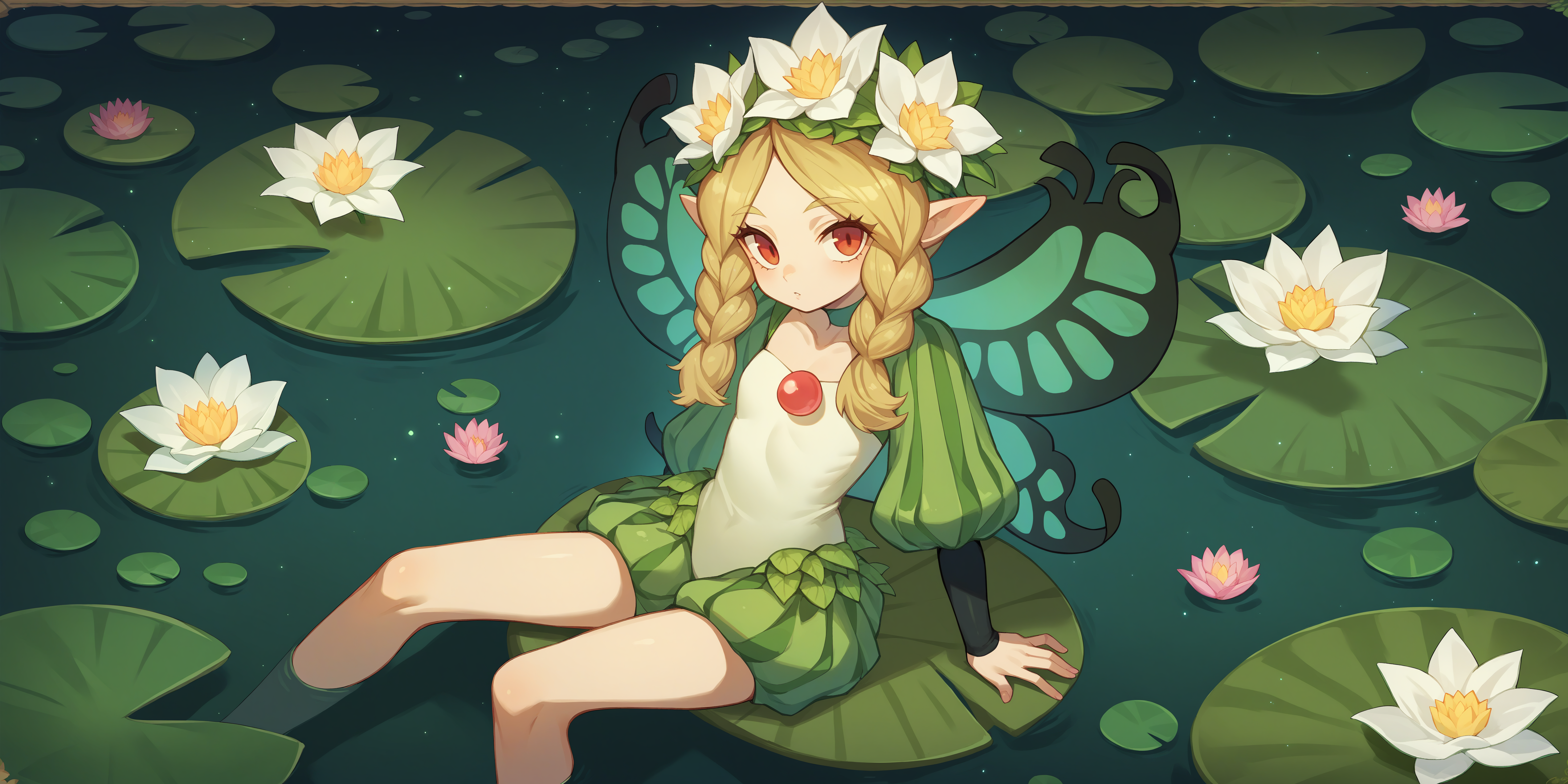 score_9, score_8_up, score_7_up, score_6_up, score_5_up, score_4_up, source_anime,
 <lora:mercedes-PD-1.0:1> mercedes, atlus, lily pad, sitting, lotus, looking at viewer,