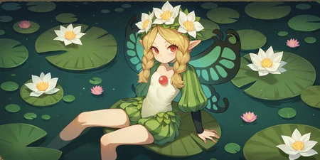 score_9, score_8_up, score_7_up, score_6_up, score_5_up, score_4_up, source_anime,
<lora:mercedes-PD-1.0:1> mercedes, atlus, lily pad, sitting, lotus, looking at viewer,
