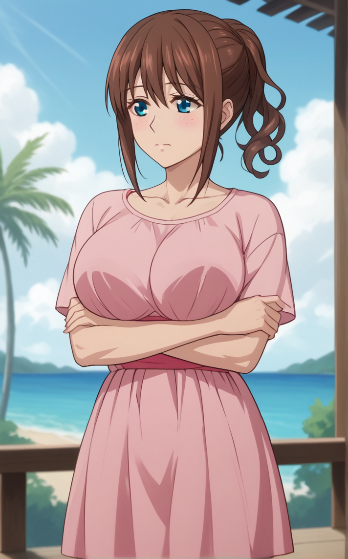 score_9, score_8_up, score_7_up, absurdres, 1girl, bare tree, branch, breast hold, crossed arms, day, outdoors, palm tree, stomach, cowboy shot, blue sky, cloud, blurry background, legs together, closed mouth, standing, thighs, arm under breasts, <lora:PONYXL_YukuhashiRena_SimpleYetSexy_ownwaifu:1>, BREAK PinkDress_YukuhashiRena_ownwaifu, 1girl, brown hair, ponytail, long hair, freckles, pink shirt, blue eyes, collarbone, sidelocks, large breasts, hair between eyes, alternate hairstyle, pink dress, bangs, streaked hair, dress, short sleeves,<lora:add-detail-xl:0.15>,