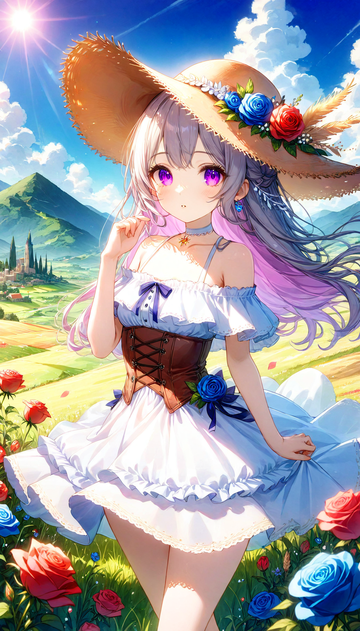 score_9_up,score_9,score_8,score_8_up,(score_7_up, score_7,score_6_up:0.8),source_anime,official art,(best quality),masterpiece,an extremely delicate and beautiful,extremely detailed,finely detail,ultra-detailed,highres,beautiful detailed,brightly colored,IRL,Fantasy,Photo,Unreal Engine 5,beautiful eyes and face,<lora:SoftWatercolors:1.2>,1girl,hat,outdoors,flower,dress,solo,long hair,purple eyes,looking at viewer,white dress,straw hat,gray hair,hat flower,rose,bare shoulders,day,sky,cowboy shot,short sleeves,blue flower,frills,parted lips,standing,corset,blush,frilled dress,field,red flower,cloud,jewelry,collarbone,blue sky,sun hat,grass,hand up,mountainous horizon,white choker,off shoulder,brown headwear,