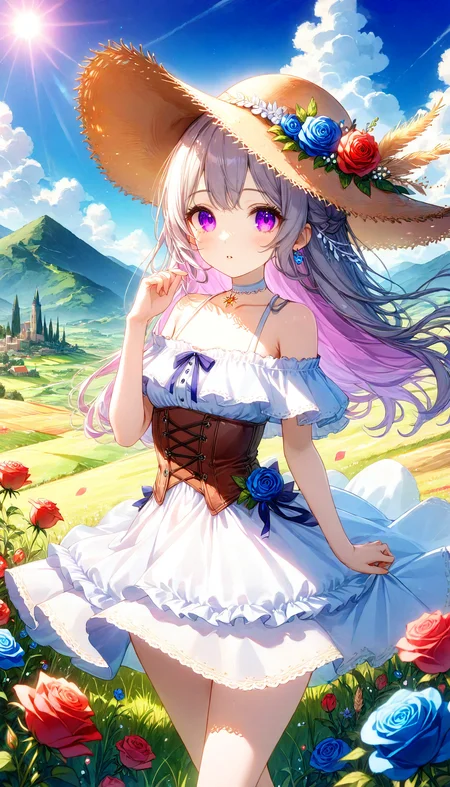 score_9_up,score_9,score_8,score_8_up,(score_7_up, score_7,score_6_up:0.8),source_anime,official art,(best quality),masterpiece,an extremely delicate and beautiful,extremely detailed,finely detail,ultra-detailed,highres,beautiful detailed,brightly colored,IRL,Fantasy,Photo,Unreal Engine 5,beautiful eyes and face,<lora:SoftWatercolors:1.2>,1girl,hat,outdoors,flower,dress,solo,long hair,purple eyes,looking at viewer,white dress,straw hat,gray hair,hat flower,rose,bare shoulders,day,sky,cowboy shot,short sleeves,blue flower,frills,parted lips,standing,corset,blush,frilled dress,field,red flower,cloud,jewelry,collarbone,blue sky,sun hat,grass,hand up,mountainous horizon,white choker,off shoulder,brown headwear,
