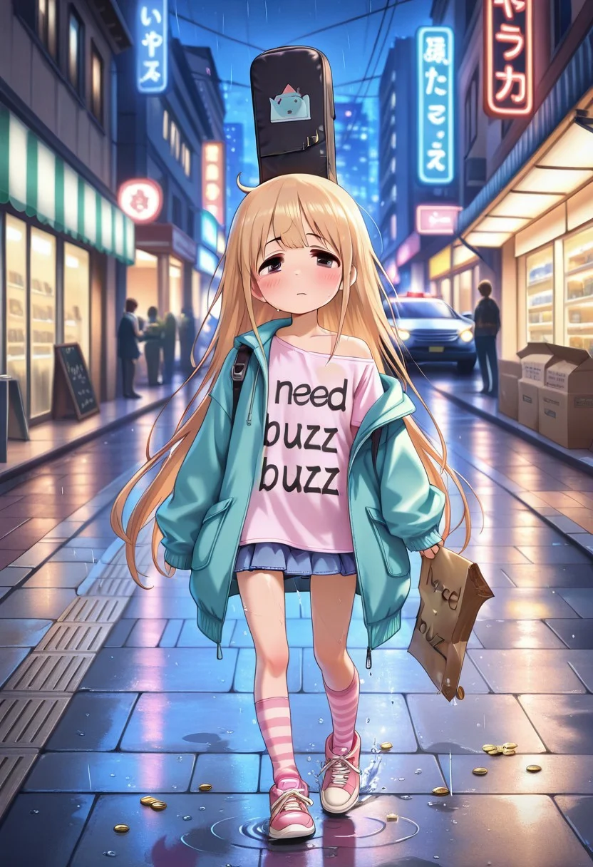 masterpiece, best quality, ultra-detailed, cinematic lighting, 1girl, Futaba Anzu, flat chest, blonde hair, long hair, brown eyes, tired but brave smile, looking at viewer,
BREAK
pink short-sleeved t-shirt, oversized jacket slipping off one shoulder, blue denim miniskirt, striped thigh-high socks, sneakers, slightly messy hair, faint blush,
BREAK
nighttime street scene, city sidewalk, wet pavement reflecting neon lights, empty guitar case open at her feet with a few coins and candy inside, cardboard sign in her hands reads “I need buzz” in colorful hand-drawn letters,need_buzz,soft rain falling, blurred lights of passing cars, gentle wind, faint glow from shop windows, quiet urban loneliness with warmth.
