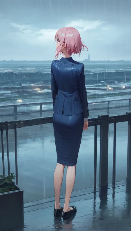 score_9,score_8_up,score_7_up,
<lora:yoshinokoharu:0.8>,
yoshinokoharu,
1girl,solo,
pink hair,short hair,bangs,
red eyes,looking up,
blue blazer,white shirt,blue pencil skirt,wet hair,wet dress,
black shoes,
full body,standing,back view,
outdoors,cityscape,light particles,downtown,rain,after rain the sky looks blue,