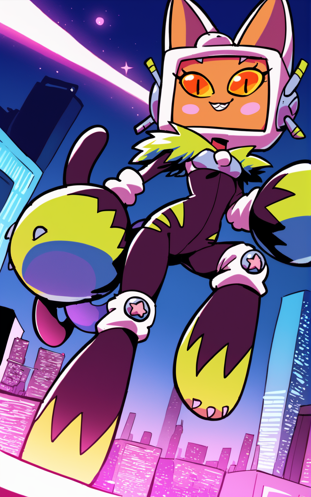 score_9, score_8_up, score_7_up,((best quality)), absurdres,<lora:BolivanteStyle:0.8>,  <lora:PADIPXL:0.8>,PADIPXL,featureless feet, orange eyes, yellow eyes, knee pads, fake animal ears, bodysuit, animal hands, cat ears, tail, cat tail,blush stickers,slim, action pose, city, futuristic, smile, teeth,half-closed eyesm black eyes,looking at viewer