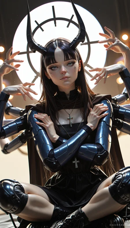 ((seductive, realistic, 3D, pinup, pinup_\(style\), science fiction, cyberpunk, portrait, cowboy_shot, blurry, bokeh, best quality, dutch angle, depth of field))
((Dre4mingDe4th, 1girl, solo, long_hair, looking_at_viewer, bangs, blue_eyes, black_hair, dress, original, brown_eyes, sitting, very_long_hair, jewelry, closed_mouth, full_body, boots, horns, cape, armor, necklace, black_eyes, black_footwear, arms_up, black_dress, lips, grey_eyes, parted_bangs, hands_up, watermark, colored_skin, outstretched_arms, crossed_legs, cross, pale_skin, single_horn, halo, pendant, forehead, science_fiction, realistic, nose, indian_style, knee_pads, cross_necklace, extra_arms))