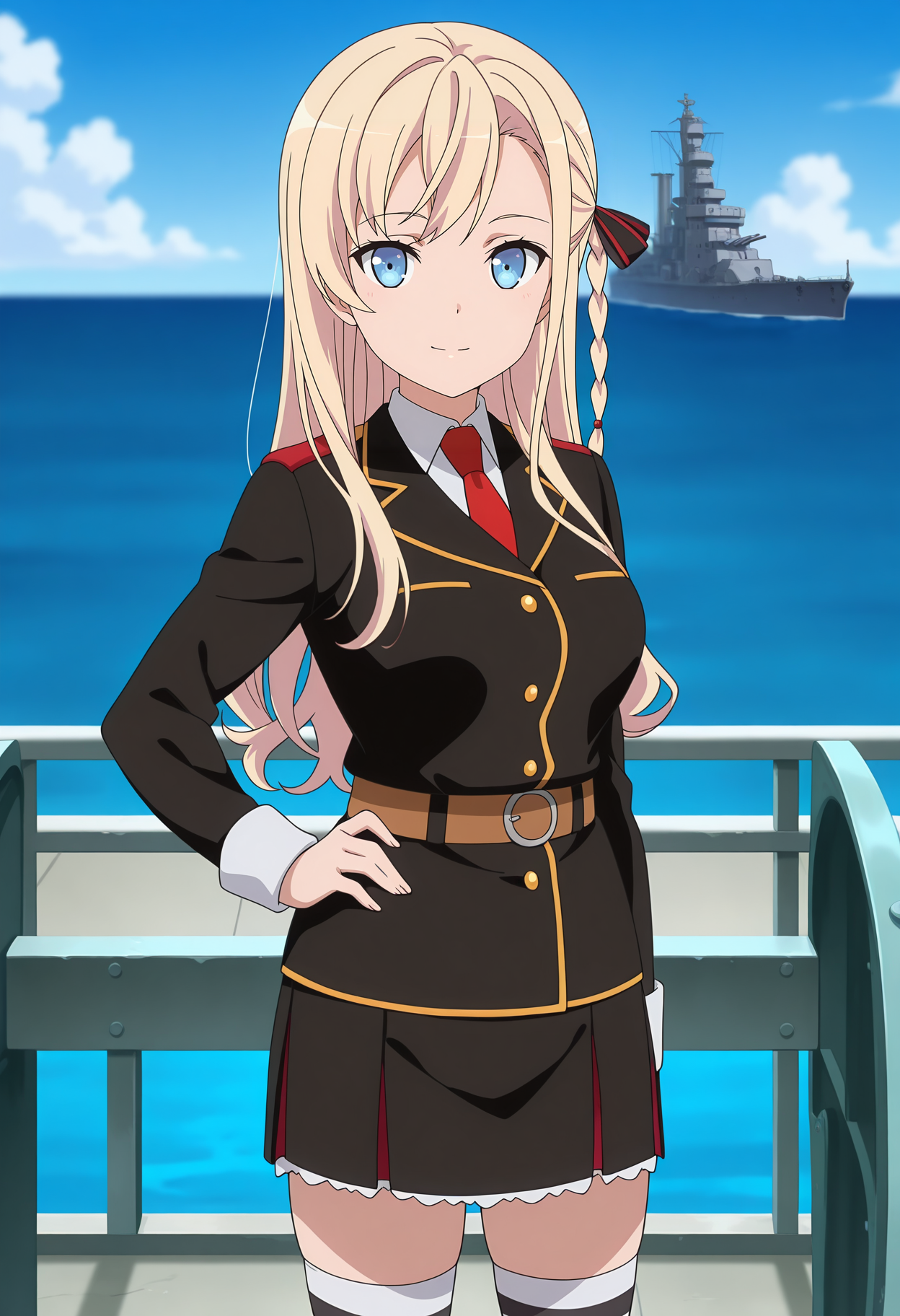 anime screencap, masterpiece, best quality,
<lora:HighSchoolFleet_WilhelminaFriedeburg_IlluXL:0.9>,
1girl, solo, closed mouth, light smile,
long hair, swept bangs, single braid, blonde hair, blue eyes, hair ribbon,
naval uniform, black jacket, collared shirt, white shirt, red necktie, long sleeves, brown belt,
black skirt, striped thighhighs, white thighhighs, black thighighs,
hand on own hip, standing, looking at viewer, cowboy shot,
horizon, dock, outdoors, battleship, warship, blue sky, blurry background