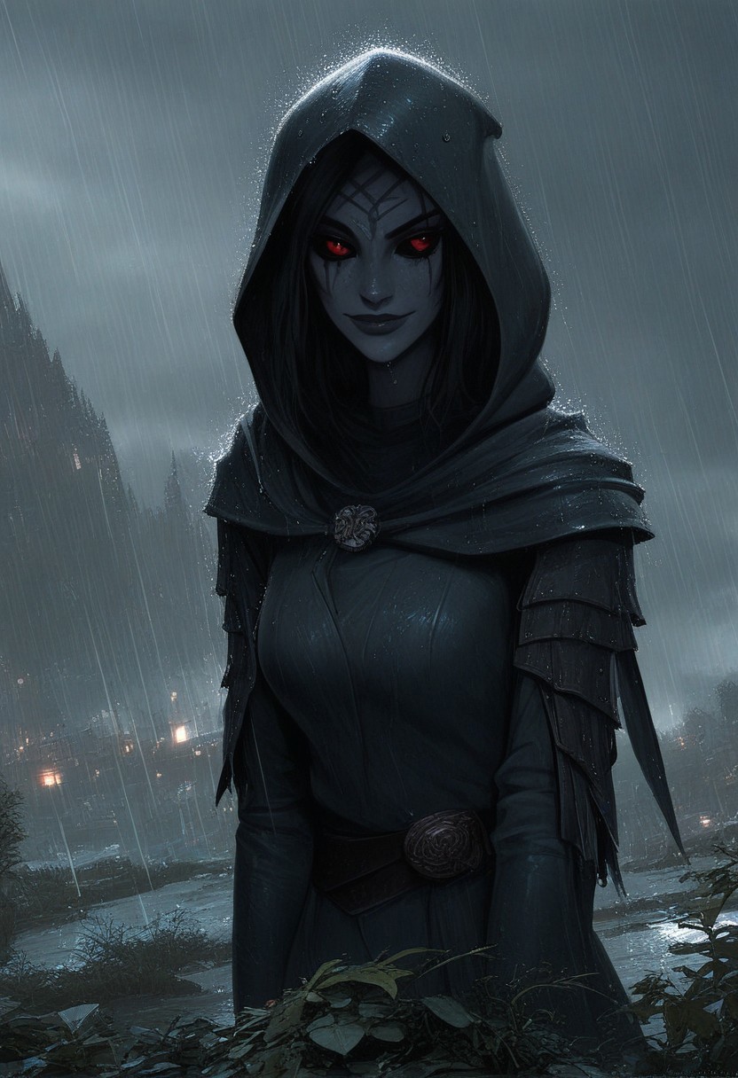 score_9, score_8_up, score_7_up, 
1 girl, ((dunmer)), skyrim dark elf, elder scrolls, dunmer wizard wearing robes standing outside in rain in fantasy landscape. 
Full body view. ((dark grey ashen skin)), drow with dark grey skin, dark grey small lips, small nose, (((large dark red eyes, no sclera))), narrow slender face, pronounced cheekbones, feminine, pretty, subtle seductive smile, facial tattoos, (wearing black sorceress robes, wearing wizard robes, battlemage outfit)), 
((outside in rain, raining)), wet, alien plants in background, cliffs in background. 
photo, raw, fantasy, concept art, realistic
