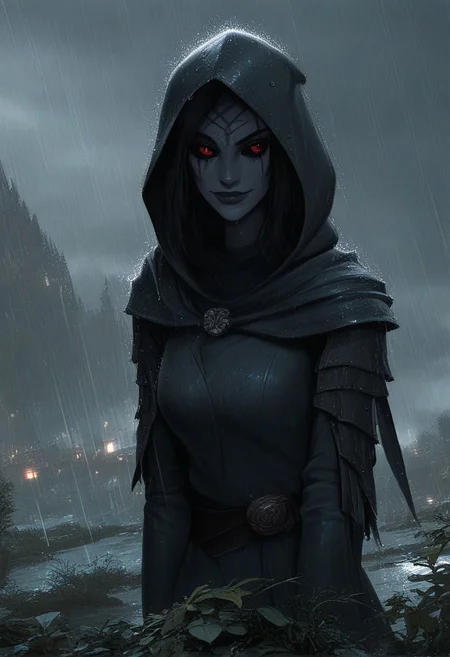 score_9, score_8_up, score_7_up, 
1 girl, ((dunmer)), skyrim dark elf, elder scrolls, dunmer wizard wearing robes standing outside in rain in fantasy landscape. 
Full body view. ((dark grey ashen skin)), drow with dark grey skin, dark grey small lips, small nose, (((large dark red eyes, no sclera))), narrow slender face, pronounced cheekbones, feminine, pretty, subtle seductive smile, facial tattoos, (wearing black sorceress robes, wearing wizard robes, battlemage outfit)), 
((outside in rain, raining)), wet, alien plants in background, cliffs in background. 
photo, raw, fantasy, concept art, realistic