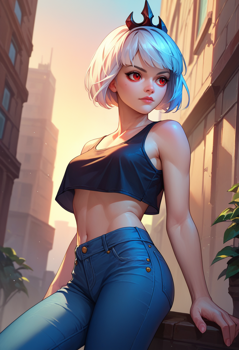 score_9, score_8_up, score_7_up, 1girl,  Orphea, tiara,  white hair, short hair, red eyes,  crop top, jeans, city,   <lora:Orphea DORER-000009:1>