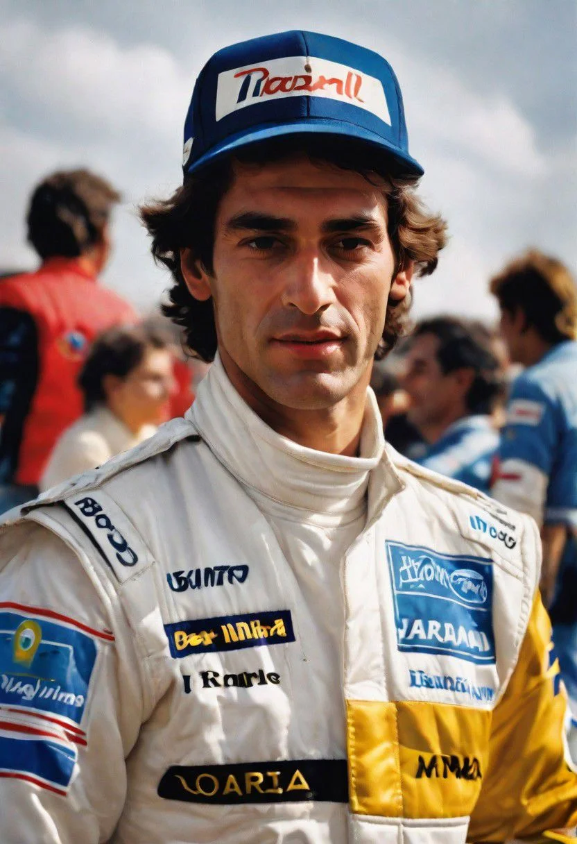 create a realistic, high quality portrait image of 1980s, Ayrton Senna, head and shoulders, Grand Prix,racing driver, racetrack,outdoors,sky blue,day, facing viewer, cloud, blue sky,_p_style, car Williams RacingTeam formula 1, wearing blue Williams Team Racing fire suit, barriers, <lora:VintagePPXL:1>, (masterpiece, best quality, ultra-detailed, best shadow), high contrast, (best illumination), ((cinematic light)), colourful, hyper detail, dramatic light, intricate details, ultra detailed artistic photography, lit from front ultra high definition, 8k, ultra sharp focus, ultra high quality, soft lighting, film photography, analogue photography, hyperrealism, no racing cars, spell Williams, include Ford logo, Brazil logo,Team Brazil racing leathers, realistic Yellow helmet, Team Brazil Helmet, green and blue stripe middle of helmet, clearly spelt graphics, clearly spelt text non suit and helmet, team Brazil logo on helmet, realistic shell logo badge on suit, realistic Ford logo, Williams, text, on top of helmet visa, helmet held, not worn helmet