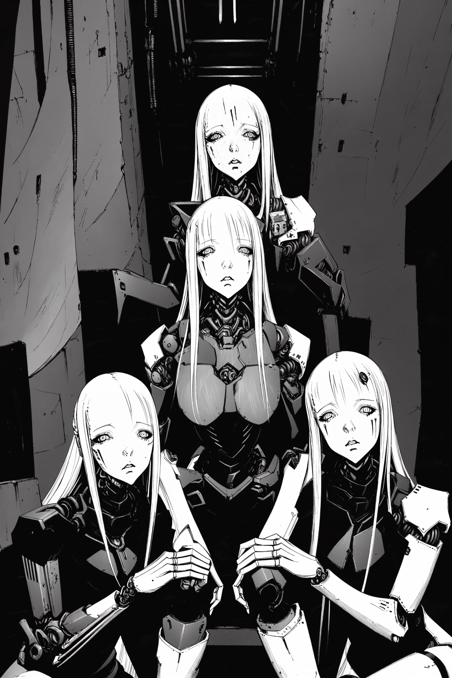 Best quality, ultra detailed
4 woman, cyborg, mech, wires
sitting, vooking at viewer
<lora:animeoutlineV4_16:0.8> (lineart, monochrome:1.1)
<lora:blame5:1>
necromancy, dark magic, demonic, dark background, dark fantasy illustration, (high-resolution:1.2), <lora:fantasyV1.1:0.6>, dimly lit <lora:epiNoiseoffset_v2-pynoise:0.7>