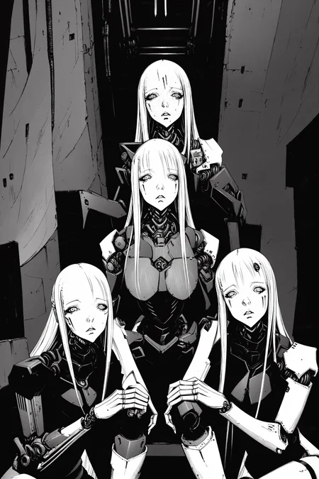 Best quality, ultra detailed
4 woman, cyborg, mech, wires
sitting, vooking at viewer
<lora:animeoutlineV4_16:0.8> (lineart, monochrome:1.1)
<lora:blame5:1>
necromancy, dark magic, demonic, dark background, dark fantasy illustration, (high-resolution:1.2), <lora:fantasyV1.1:0.6>, dimly lit <lora:epiNoiseoffset_v2-pynoise:0.7>