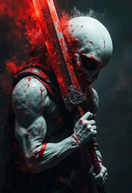 Closeup Portrait of a glitching spectral entity, flickering erratically between existence and oblivion, but the true horror lies in the weapon it wields. The figure clutches an otherworldly, translucent white-red blade—an abomination of tortured souls, fused into a single, writhing form. The sword pulses with unnatural energy, its surface shifting like liquid glass, distorted faces screaming silently from within. Their expressions twist in agony as if trapped in an endless cycle of torment, each flicker revealing new horrors buried in the weapon’s cursed essence. The blade distorts reality itself, its edges unstable, phasing in and out like corrupted data, leaving behind glitching afterimages of itself. It emits a cold, spectral white glow streaked with deep crimson, staining the surrounding darkness with an eerie, blood-tinged radiance. Where the sword moves, the air fractures with crackling distortions, veins of white and red corruption spreading outward like a digital virus infecting the world around it. The spectral figure wielding it remains a hazy, high-translucent ghost, barely holding form—flickering with pale white static and crimson glitches, its ancient, corroded armor appearing in brief bursts before dissolving into digital snow. But the blade remains solid, real, and insatiably hungry. The atmosphere is saturated with shifting hues of ashen white and deep, pulsing red, a nightmarish digital phantasm trapped between dimensions, forever bound to the cursed blade.