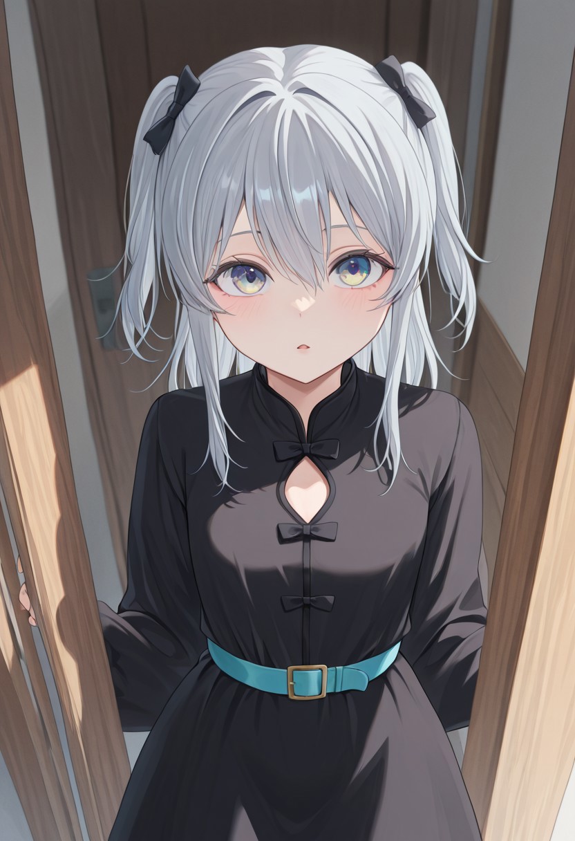 1girl,Nekomugi_Tororo,black bow ,grey hair ,twintails hair between eyes,blue eyes,looking at viewer,cowbody shot,black dress,
masterpiece, best quality, highres, absurdres, day,