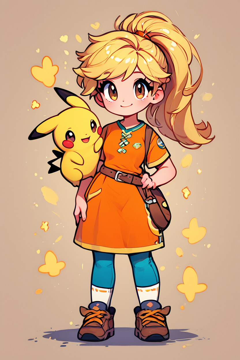 score_9, score_8_up, score_8, medium breasts, (curvy), cute, eyelashes,       BREAK, , zzYellow, brown eyes, blonde hair, long hair, ponytail, bangs, orange tunic, brown belt, pants, <lora:Yellow_Pokemon_PDXL_v2:0.8>, , BREAK, socks, big shoes, smile, looking at viewer, cowboy shot, embedding:zPDXL, Expressiveh, <lora:CuteToonPDXL:0.8>,  <lora:SDXLFaeTastic2400:0.5>,  <lora:Expressive_H-000001:0.4>,