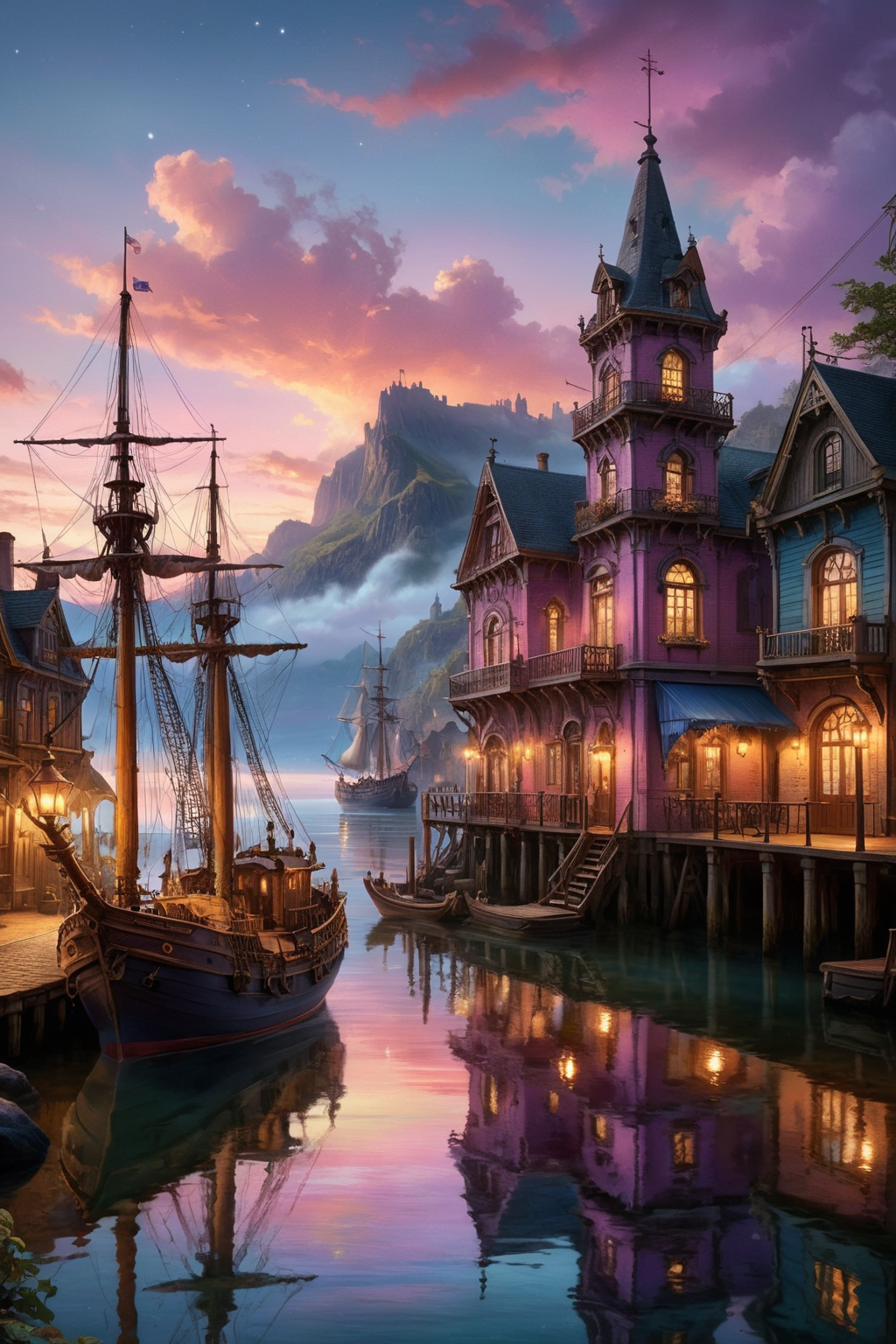 A detailed and realistic scene set in the Victorian era, showcasing a tranquil harbor at dawn. The docks are lined with intricate Victorian-style ships, their masts and sails gently touched by the soft, pastel light of early morning. The small town in the background is filled with Victorian architecture, including charming buildings and cobblestone streets, creating a picturesque and nostalgic atmosphere. The sky is painted with subtle hues of pink, lavender, and gold, enhancing the surreal and dreamy quality of the scene. The calm water reflects the delicate morning light, adding a magical and almost ethereal glow to the entire setting. The environment is rich with textures and details, from the weathered wood of the ships to the intricate facades of the buildings, all contributing to a hyper-realistic yet fantastical feel.
<lora:ral-mtclniscp-sdxl:0.7> ral-mtclniscp,
<lora:add-detail-xl:1.0>,
<lora:EnvyBetterHiresFixXL01:1.0>,
<lora:extremely_detailed:1.0>, extremely detailed,
<lora:EldritchMixIllustration_1.1:0.25>,
