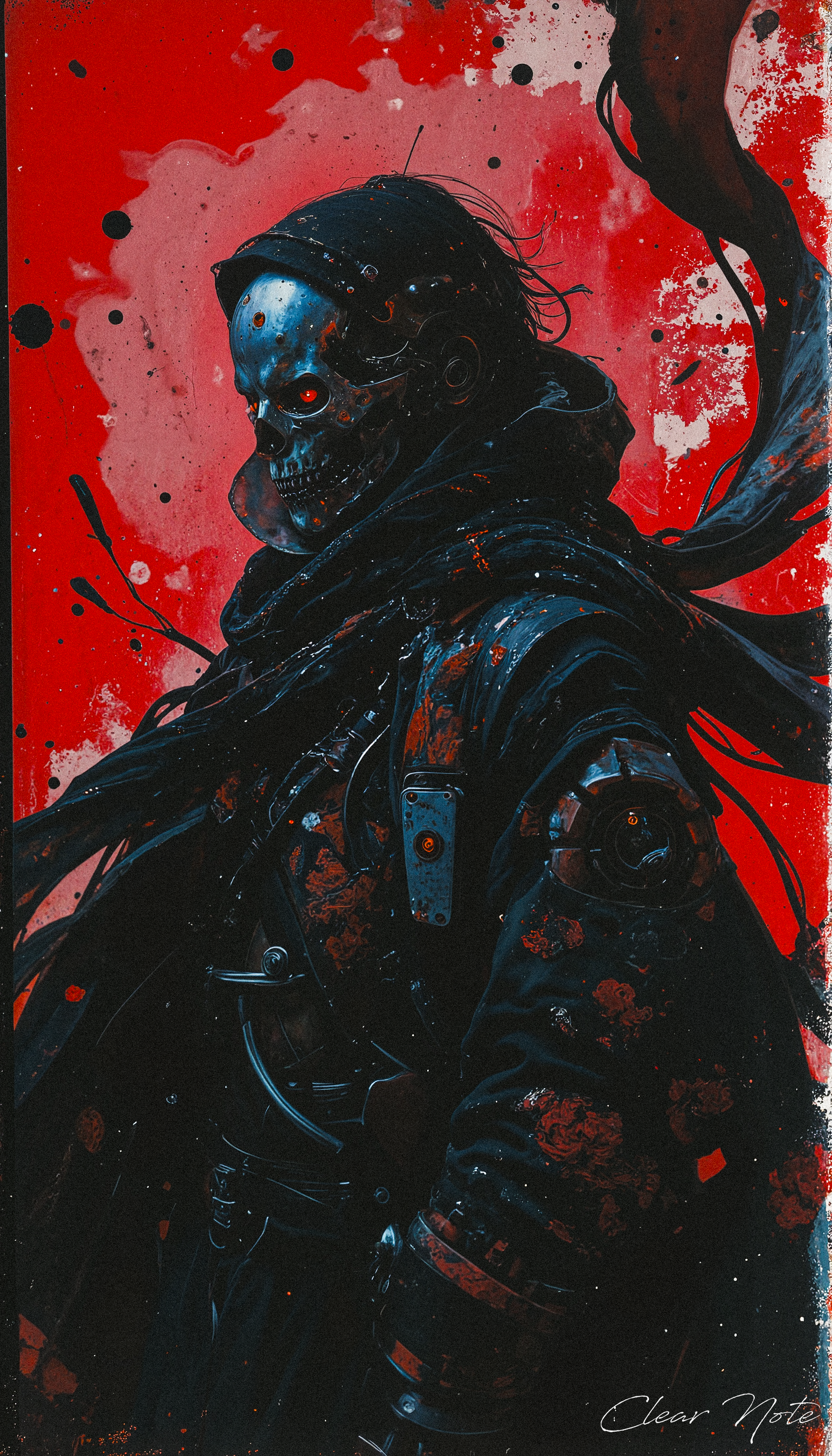 A terrifying reaper cyborg, his metallic frame gleaming against a gruesome, blood-stained background.