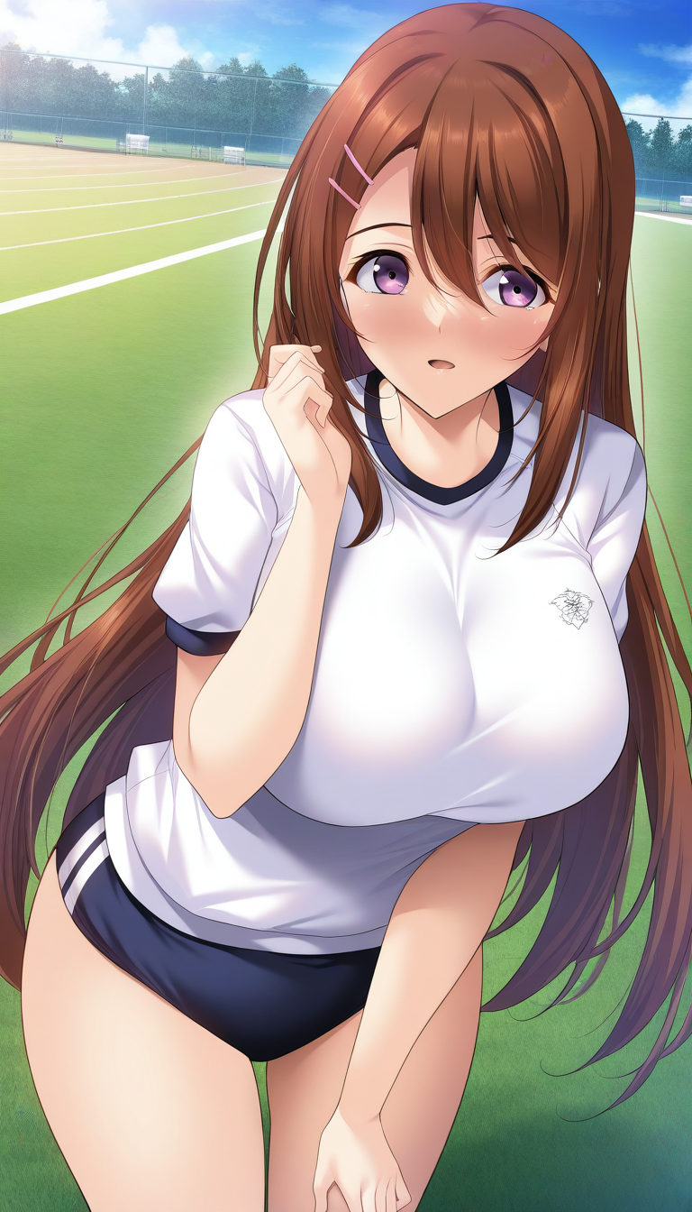 general,highres, ultra-detailed,very aesthetic,best quality ,best hands,  BREAK <lora:Sakurakawa_Ayana_IS:1>Sakurakawa_Ayana, 1girl, brown hair, breasts, large breasts, long hair, hair ornament, hairclip, purple eyes, shiny hair, hair between eyes, shiny, bangs, very long hair,
gym uniform,white shirt, dark blue buruma,
grass, sky,