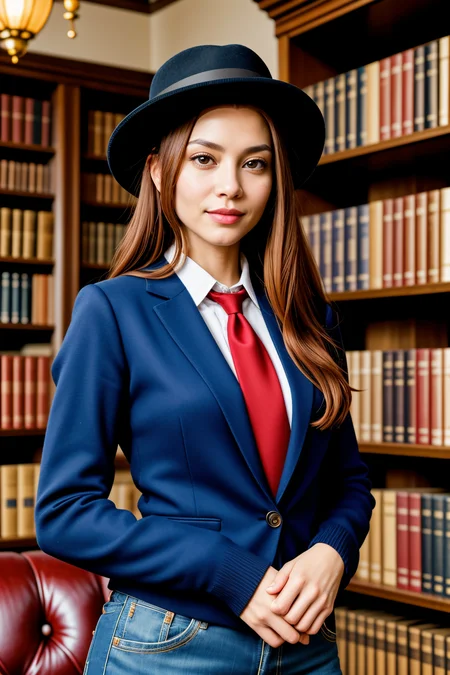 <lora:LCM_LoRA_Weights_SD15:1>,<lora:detail_slider_v4:1.2>,(refined dapper 42yo old middle-aged gentlewoman, slim build, extra long red hair), philippine, light skin, light brown eyes, wearing a panama hat, dark blue cashmere sweater, straight-leg jeans, designer loafers, silk tie, designer wristwatch,silk pocket square, set in a cozy vintage library, with a tufted leather sofa, an antique globe, a chandelier casting a warm glow, floor-to-ceiling bookshelves,macro photography, extreme close-ups, intricate details, unseen worlds, capturing texture, emphasizing details, revealing beauty in small things, professional lighting, precise focusing, artistic expression, immersive experience, expert technique,