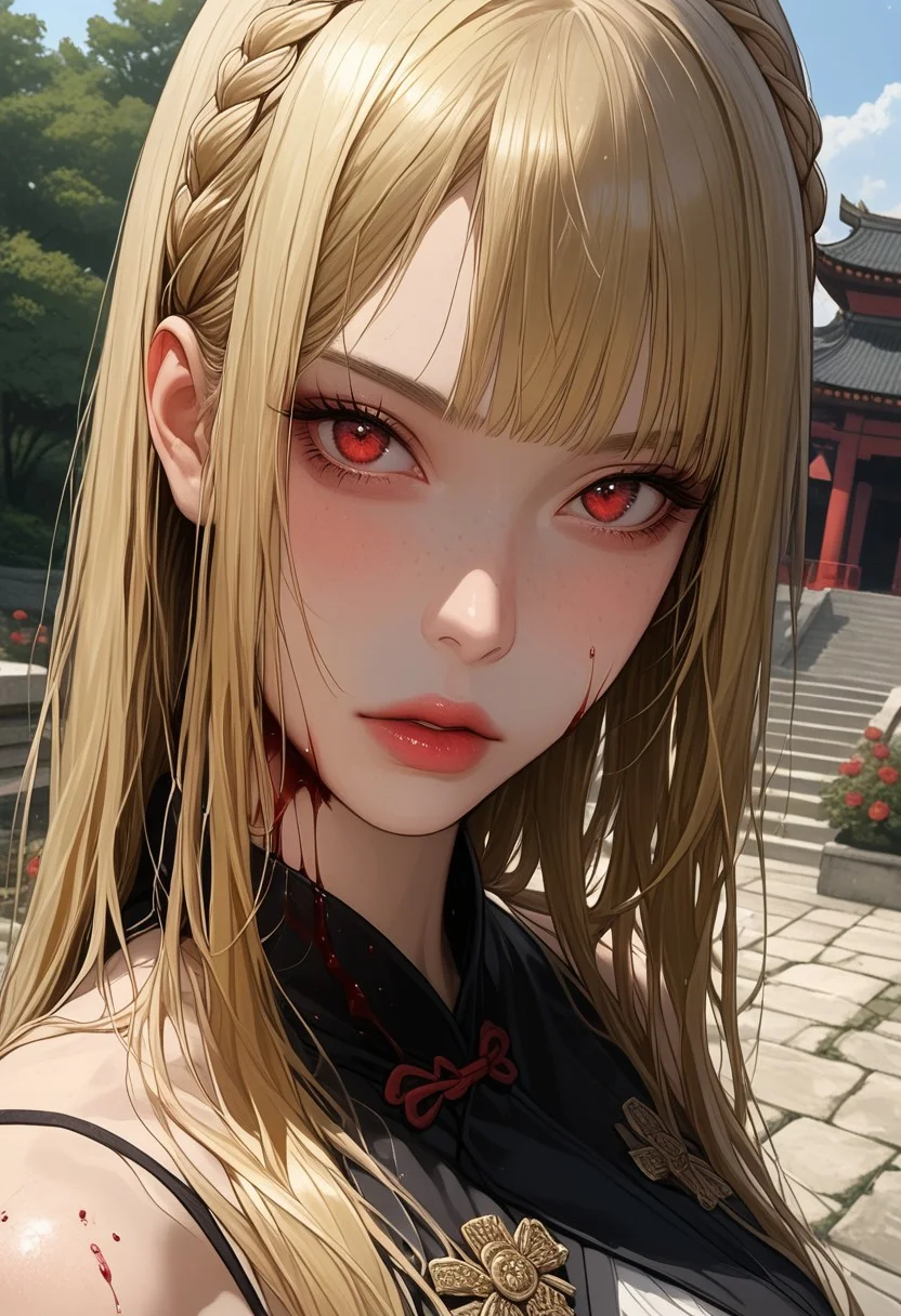 long length hair, golden hair, crown braid, half up and down hairstyle, bright red eyes, oval face, sun-kissed skin with a sprinkling of freckles, slim body, medium high, expressive eyebrows, full lips, small breast, detailed background, chinese temple,
outdoor, garden, black hanfu, covered in blood, bloody, tiresome, dutch angle, looking at viewer,