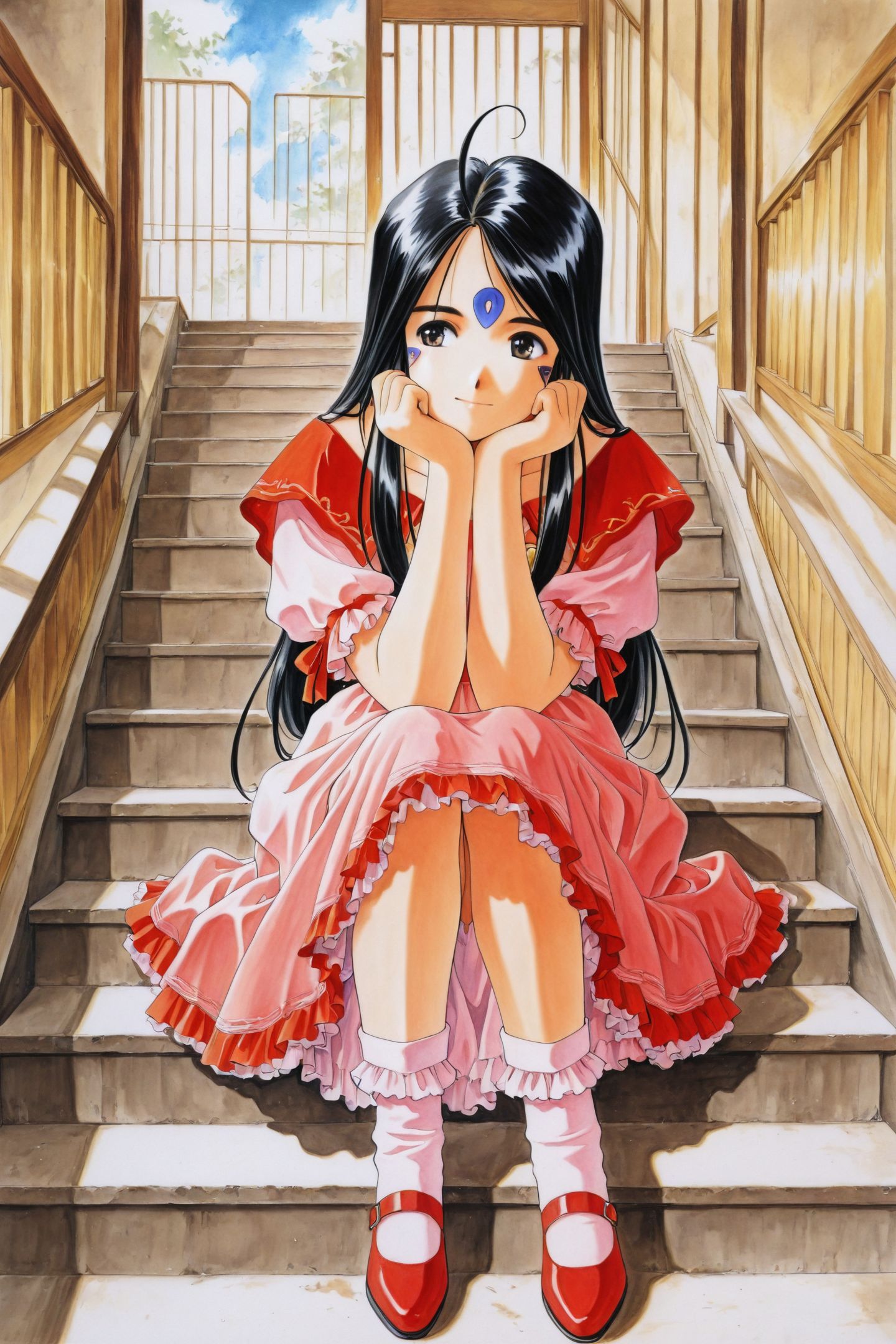Skuld,1girl,solo,facial mark,forehead mark,long hair,sitting,stairs,black hair,dress,sitting on stairs,frills,socks,retro artstyle,traditional media,head rest,
<lora:Ah! My Goddess_illustriousXL:1>,