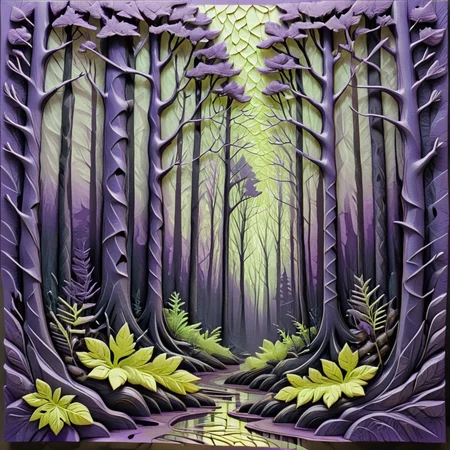 abstract nature print, forest, negative spaces, woodcut, nylon, surrealism style, Chiseled, shades of purple, lattice pattern, middleground effect, neon accents, asymmetrical, silky texture, reflective finish <lora:artfully_ETHEREAL-GEOMETRIC-FLORAL-FUSION:1>,
