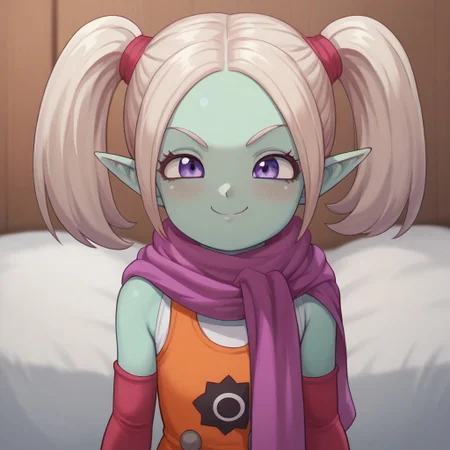 uncensored, score_9, score_8_up, score_7_up, 1girl, p4nzy, colored skin, green skin, pointy ears, purple eyes, white hair, twintails, gloves, elbow gloves, orange jumpsuit, scarf, looking at viewer, smile, smug, location home, bedroom, blush