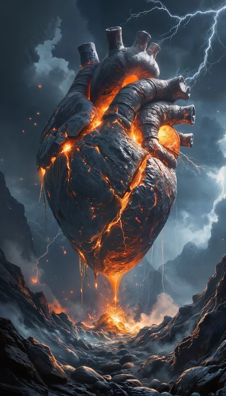 A colossal, anatomically correct human heart, towering hundreds of meters tall, floating amidst dark, swirling storm clouds in the night sky. The heart is intricately detailed, with thick veins and arteries stretching across its surface, pulsing with fiery energy. Cracks and ruptures across the heart’s dark, muscular surface release streams of molten, liquid fire that cascade down its sides. This liquid fire flows in an almost supernatural way, glowing with intense, radiant orange and yellow tones that light up the heart’s massive form.
Liquid Fire Details: From the heart’s arteries and fissures, rivers of liquid fire pour out, moving with a fluidity that feels both natural and otherworldly. The fire is bright and intensely hot, but not dense like lava—it flows more like a viscous, glowing liquid, shimmering with energy and casting a pulsating glow. As the fire spills over the heart’s surface, it travels downwards in streams, illuminating the dark veins and highlighting the heart’s immense texture.
Atmospheric Ripples and Impact: Each powerful heartbeat sends shockwaves through the air, creating ripples that distort the surrounding clouds and stars. These ripples are visible as waves of energy, spreading outward and making the sky shudder with every pulse. The atmosphere vibrates with a sinister energy, as if the heart is warping reality itself with each beat. Lighting and Glow: The liquid fire’s radiant glow reflects across the heart’s rugged, dark surface, casting long shadows over the veins and arteries. The inner light flickers with each beat, creating a haunting rhythm of light and darkness. Occasional lightning bolts flash across the stormy sky, briefly illuminating the heart’s details and adding to the otherworldly atmosphere.
Background and Foreground: Below, the barren landscape is illuminated by the fiery glow. Pools of liquid fire form where it drips from the heart, casting reflections that flicker across the charred ground. The terrain is fractured, littered with scattered bones and smoldering rocks, all bathed in the heart’s warm, ominous light.
Atmosphere and Surreal Effects: Wisps of smoke and embers drift from the heart’s fissures and liquid fire, mingling with the atmosphere and giving the scene a surreal quality. Sparks and fiery droplets float through the air, creating an apocalyptic aura around the heart as it hovers, dominating the night sky with its terrifying presence. The heart feels both ancient and alive, like a cosmic entity pulsing with destructive energy."