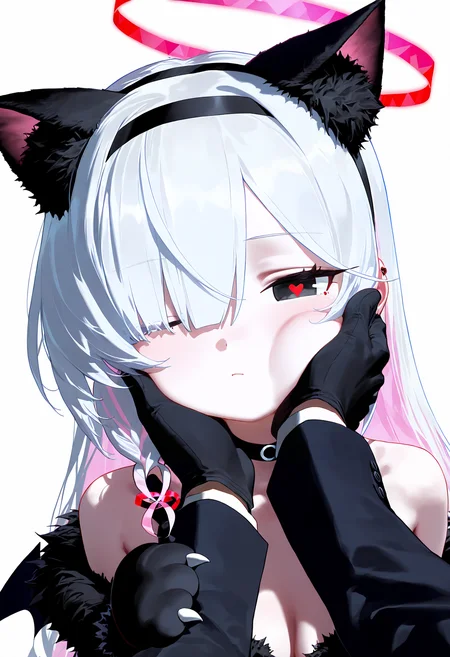 masterpiece, best quality,
plana \\(blue archive\), 1girl, medium breasts, long hair, simple background, long sleeves, white background, gloves, animal ears, closed mouth, bare shoulders, tail, upper body, white hair, pink hair, multicolored hair, heart, hairband, wings, one eye closed, black gloves, alternate costume, choker, solo focus, cat ears, hair over one eye, black eyes, halo, symbol-shaped pupils, fur trim, fake animal ears, black choker, heart-shaped pupils, black hairband, 1other, colored inner hair, animal hands, pov hands, hand on another's face, paw gloves, red halo, hand on another's cheek, red pupils
<lora:dj_sloppa_ill_v2:1>