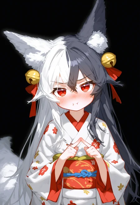 E_0x0194_type4,
1girl, solo, long hair, looking at viewer, blush, simple background, black hair, long sleeves, hair ornament, red eyes, animal ears, hair between eyes, closed mouth, tail, upper body, white hair, multicolored hair, japanese clothes, wide sleeves, kimono, two-tone hair, animal ear fluff, fox ears, sash, bell, fox tail, obi, fox girl, black background, jingle bell, white kimono, :t, pout, hair bell, index fingers together
, masterpiece, best quality, good quality,
<lora:best_of_ai_styles_noob-vpred-1.0_v1.337-edm2-pass-long:1>
