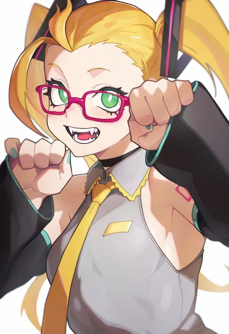 masterpiece, best quality, very aesthetic, high resolution, ultra-detailed, absurdres, newest, extremely detailed eyes, beautiful, perfect lighting, hi res, amazing quality, InHUMN_ST, blonde hair, green eyes, red-framed eyewear, teeth, fangs, black choker, hatsune miku (cosplay), paw pose,