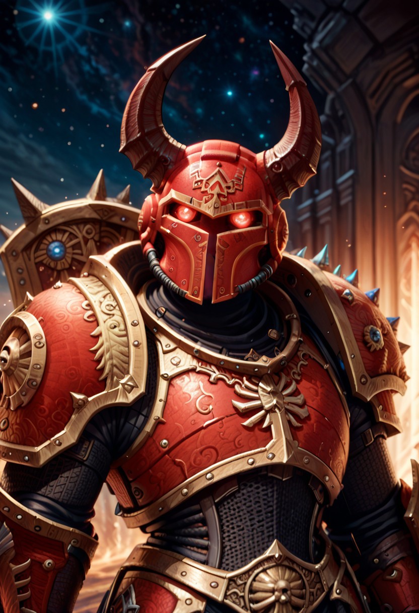 score_9, score_8_up, score_8,  
Khrn, (KhorneSymbol), horns, solo, weapon, armor, helmet, shield, full armor, gold armor, red armor, space marine, 
vibrant lighting, high contrast, dramatic shadows, highly detailed, detailed skin, depth of field,