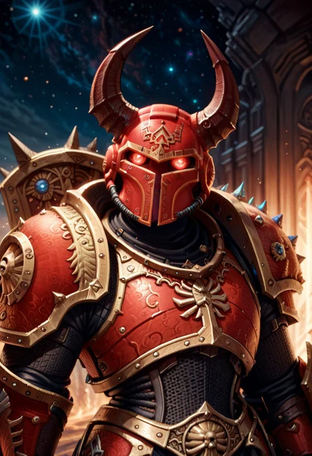 score_9, score_8_up, score_8,
Khrn, (KhorneSymbol), horns, solo, weapon, armor, helmet, shield, full armor, gold armor, red armor, space marine,
vibrant lighting, high contrast, dramatic shadows, highly detailed, detailed skin, depth of field,