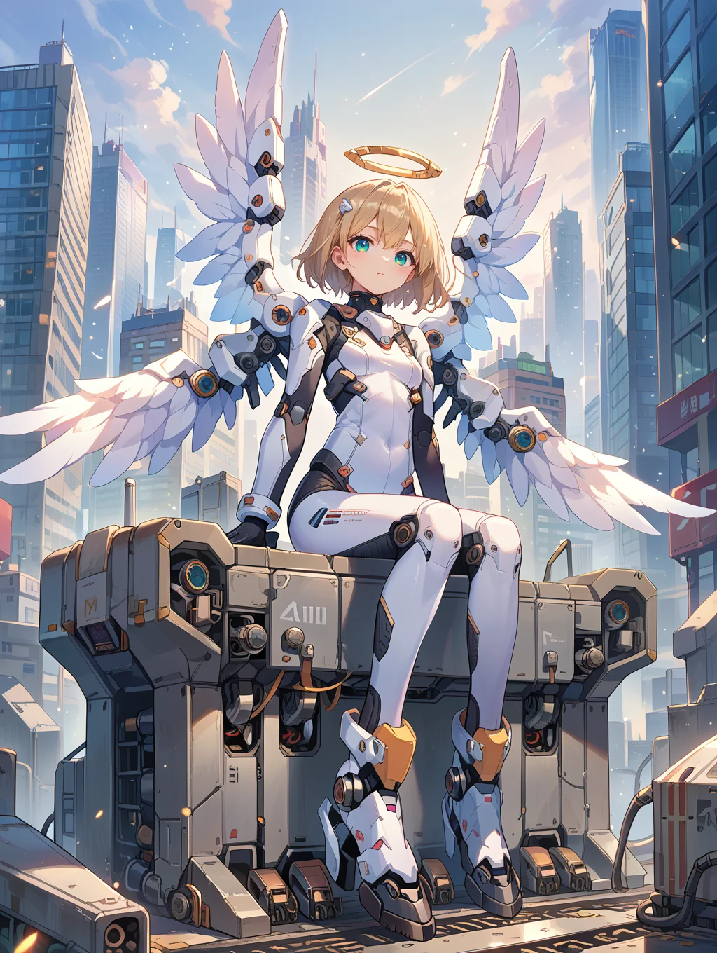 score_9, score_8_up, score_7_up,source_anime,
mechagirl02,
solo,mecha musume, 1girl, bodysuit,mechanical boots, mechanical parts, angel wings, 
light particles,engine,  valtava, sitting on building, 
city, 
 <lora:roboko-000015:0.5>