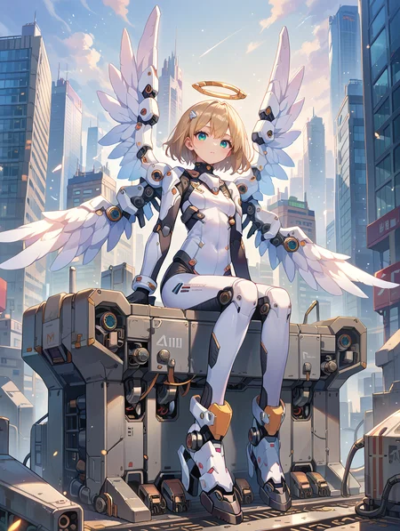 score_9, score_8_up, score_7_up,source_anime,
mechagirl02,
solo,mecha musume, 1girl, bodysuit,mechanical boots, mechanical parts, angel wings,
light particles,engine, valtava, sitting on building,
city,
<lora:roboko-000015:0.5>