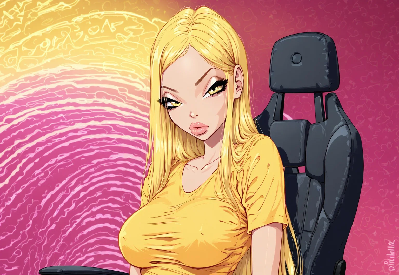 embedding:urn:air:sd1:embedding:civitai:222256@250708, score_9, score_8_up, score_7_up, BREAK, 1girls, Zfive, sitting, posing sexy soft yellow short t-shirt, gaming chair, upper body focus, (looking at viewer), gamer, bimbo, (yellow neon background:1.2), bored face, tired face, (noise reduction panels:1.2),
stella, yellow hair, mature lady, long hair, yellow eyes, BREAK,
detailed face, room background,