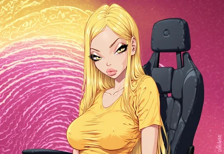 embedding:urn:air:sd1:embedding:civitai:222256@250708, score_9, score_8_up, score_7_up, BREAK, 1girls, Zfive, sitting, posing sexy soft yellow short t-shirt, gaming chair, upper body focus, (looking at viewer), gamer, bimbo, (yellow neon background:1.2), bored face, tired face, (noise reduction panels:1.2),
stella, yellow hair, mature lady, long hair, yellow eyes, BREAK,
detailed face, room background,