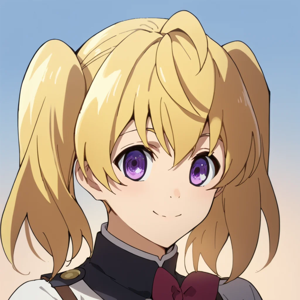 score_9, score_8_up, score_7_up, score_6_up, score_5_up, score_4_up, source_anime, MitsubaSangu, blonde hair, twintails, purple eyes, , soft smile, portrait