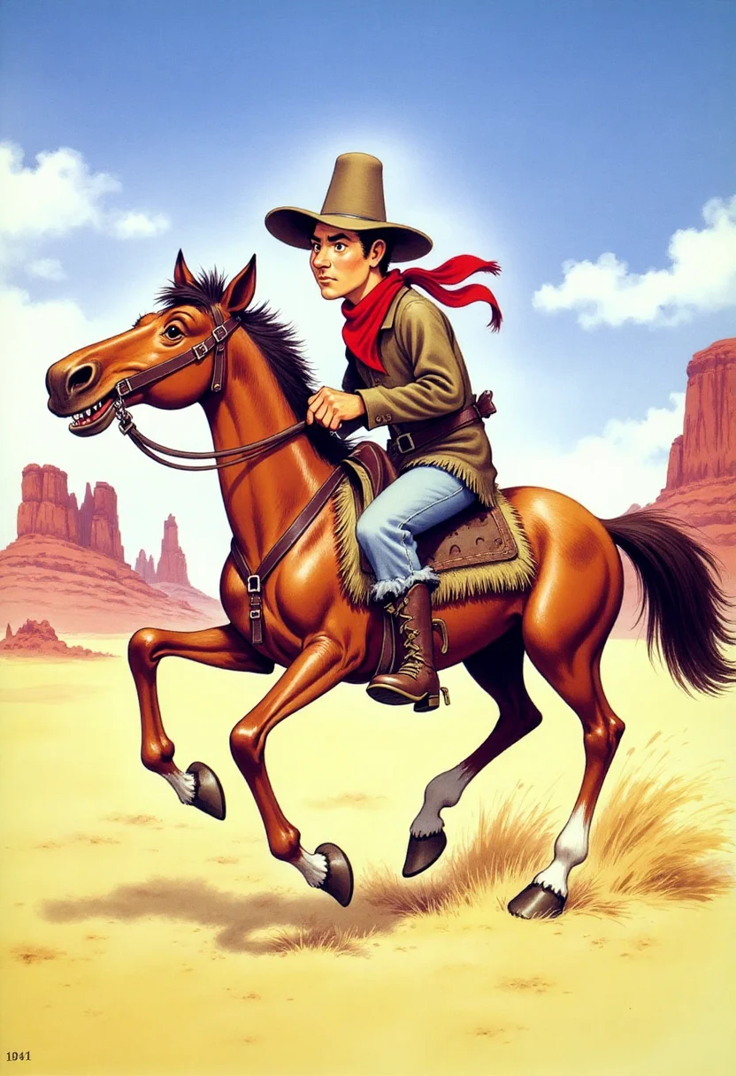 Old book illustration style, colored drawing of a cowboy riding a galloping horse across an open desert plain. He wears a dusty brown hat, a red bandana around his neck, a fringed leather jacket, and chaps over worn jeans. The horseâs mane and tail flow in the wind as it kicks up clouds of sand. In the background, jagged red rock formations rise against a bright blue sky with scattered white clouds. The colors are warm and earthy, with detailed brushwork and a classic, adventurous storybook feel. <lora:oldillustration_V1.1:0.9>