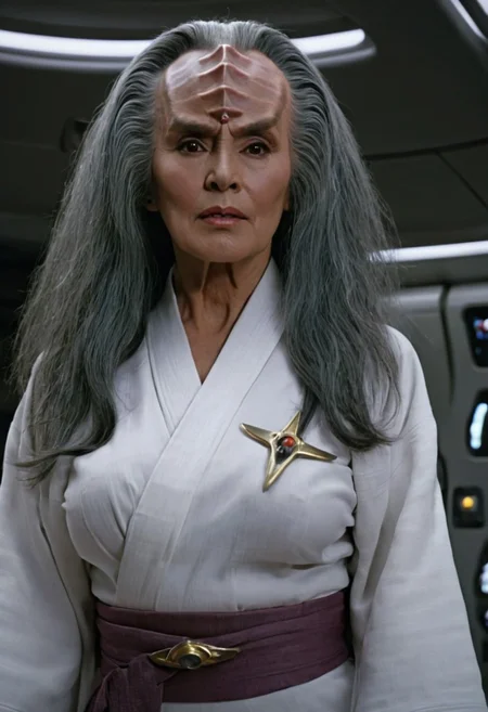 old Klingon female, flashing her breasts and nipples, grey hair, 8k, high resolution, cinematic scene, on a spaceship, white cotton kimono style uniform, kimono open clothes in the front exposing her breasts, very detailed face, detailed eyes, matching eyeballs++, detailed irises, dark lighting, dark hair, (mouth closed).